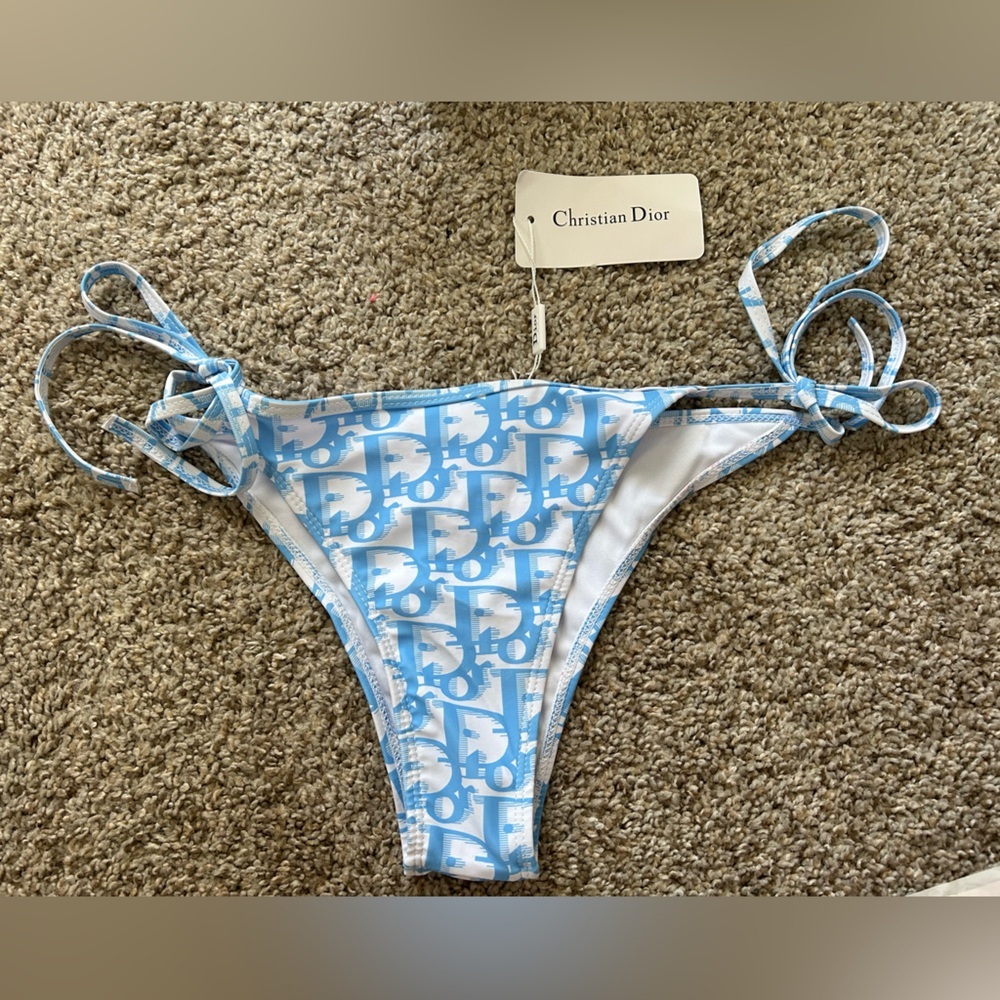 NWT ROSEGLAM BEAUTY Dina Bikini Bottom Blue White Lux Preppy Swim Italy Tie XL